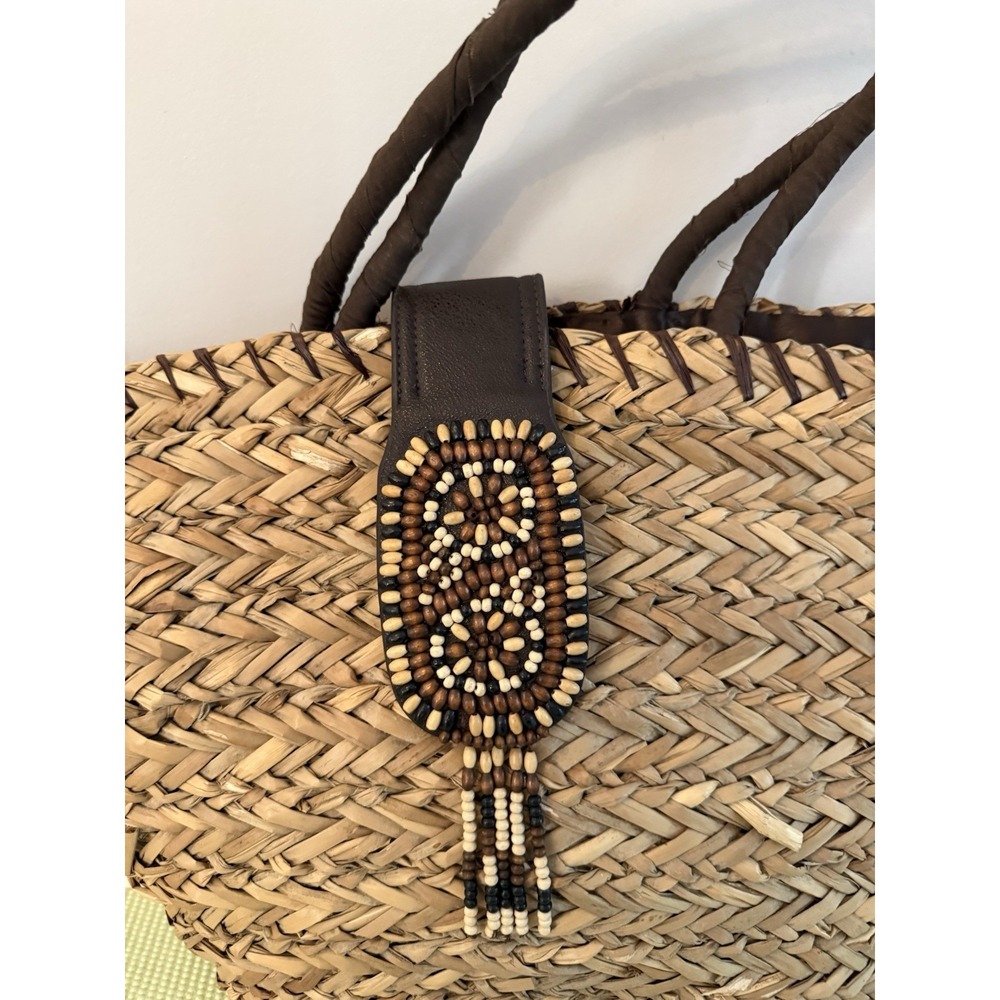 Sun & Same Beaded Straw Boho Purse Tote Beach Tan Coastal Resort Vacation - Picture 2 of 10